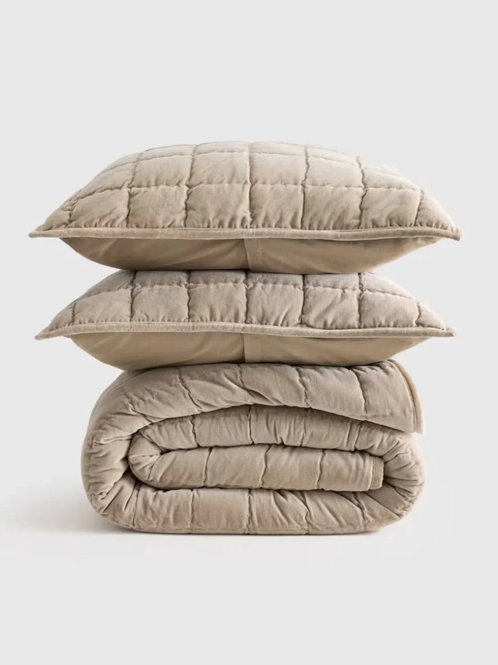 QUINCE Velvet Box Quilt KING and 2 KING Box Quilted Pillow Shams -  Tan -  NEW